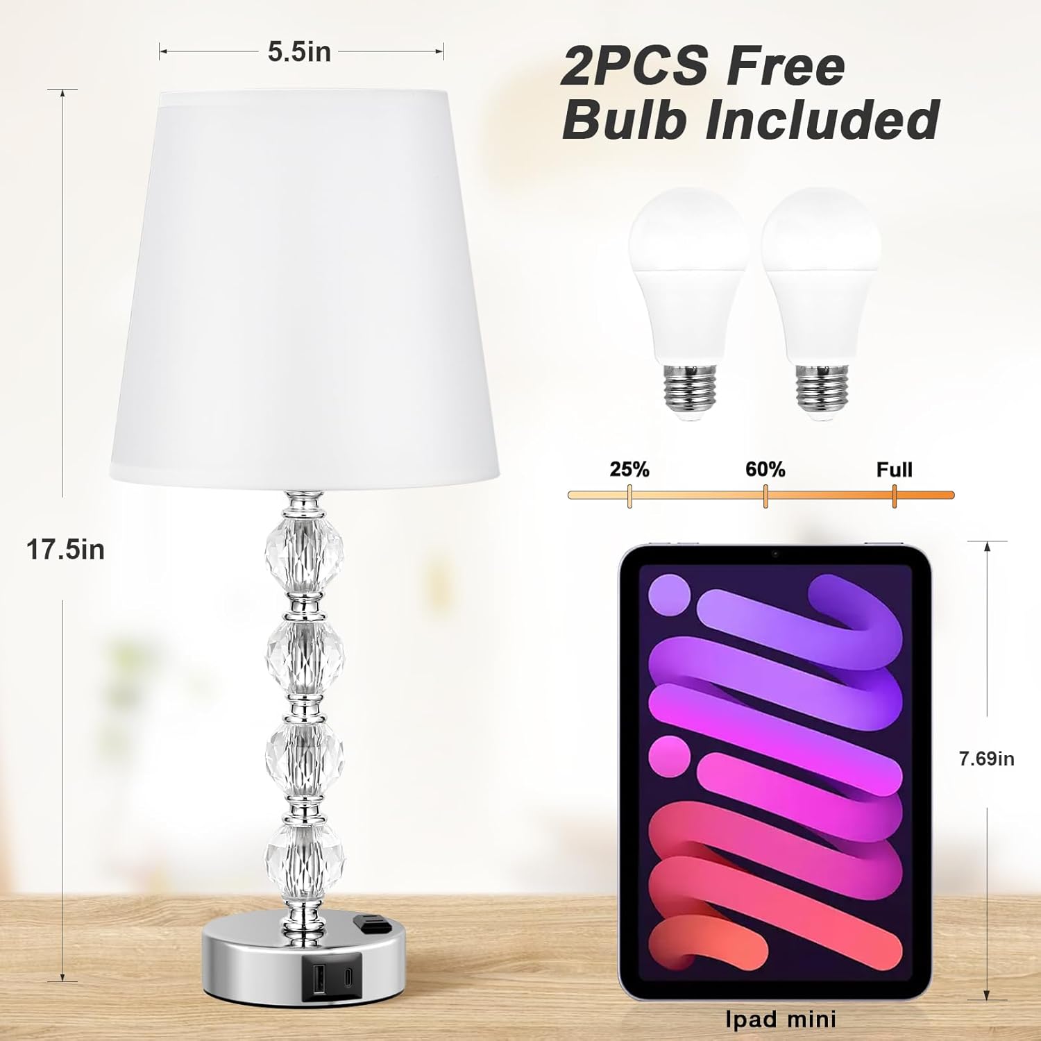 Acaxin Crystal Table Lamp Set of 2 for Bedroom/Living Room, 17.5in (White)