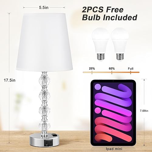 Miniatura 5 de Acaxin Juego de 2 lámparas de mesa de noche, de cristal, grandes, para dormitorio, sala de estar, con puerto USB C y salida de corriente alterna, 3