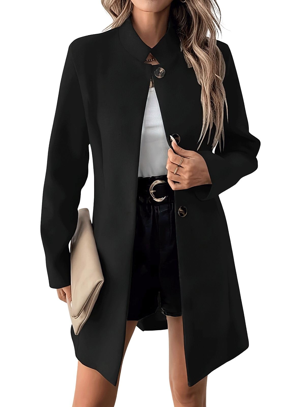 ebossy Womens Casual Slim Work Wool Long Blazer Notched Long Sleeve Single Breasted Open Front Jacket Coat with
