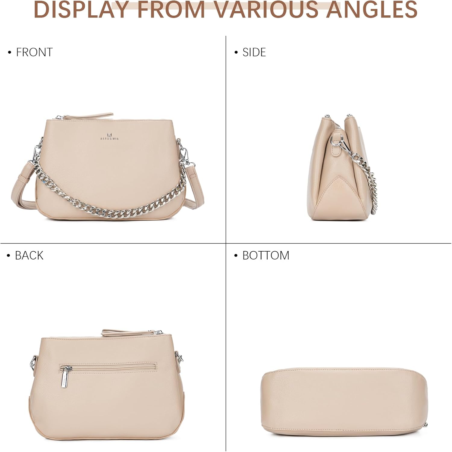 ALEX&MIA Crossbody Bag for Women - Medium Vegan Leather Handbag with Multiple Zippered Pockets, Two-Strap Design - Image 6