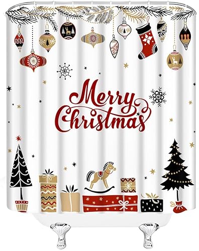 Miniatura 3 de Cortina de ducha con diseño de árbol de Navidad, diseño de copos de nieve, juego de cortina de baño de tela con ganchos