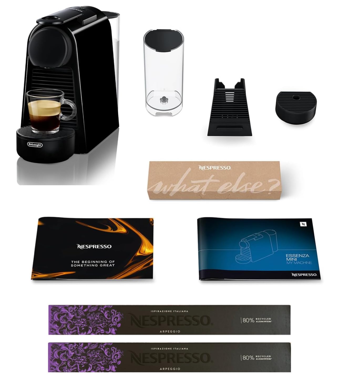 Nespresso Essenza Mini EN85.B, Cafetera De'Longhi, Sistema Cápsula Original, Depósito de agua 0,6L, Negro con 20 Cápsulas Original Florencia Arpeggio