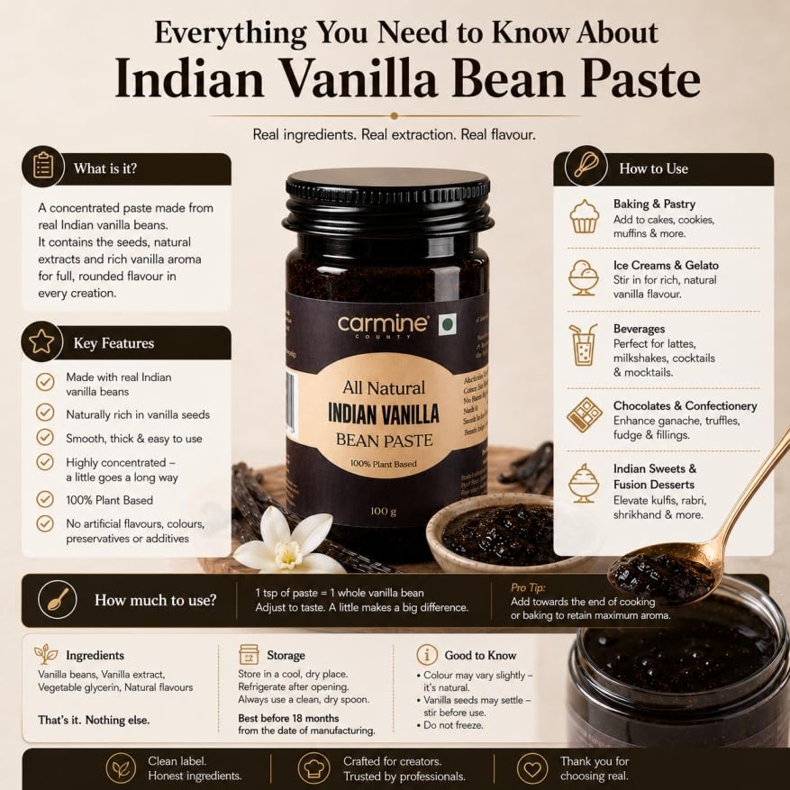Image of Carmine County All Natural Pure Indian Vanilla Bean Paste 100g | No Added Sugar, Gluten-Free | Rich Flavor for Baking, Cooking, Ice Cream, Cakes, Cookies, Custards, Coffee, Milkshakes & Frosting | Vanilla Extract Substitute