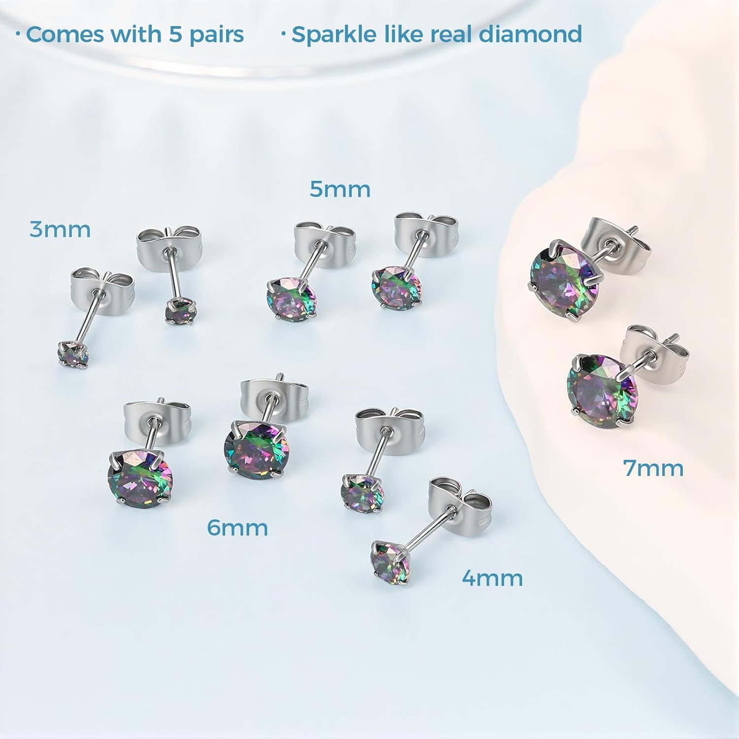5 Pairs Stud Earrings for Women, Hypoallergenic Cubic Zirconia Silver Black 316L Surgical Stainless Steel Rainbow CZ Earrings Set 3-7mm - Image 7