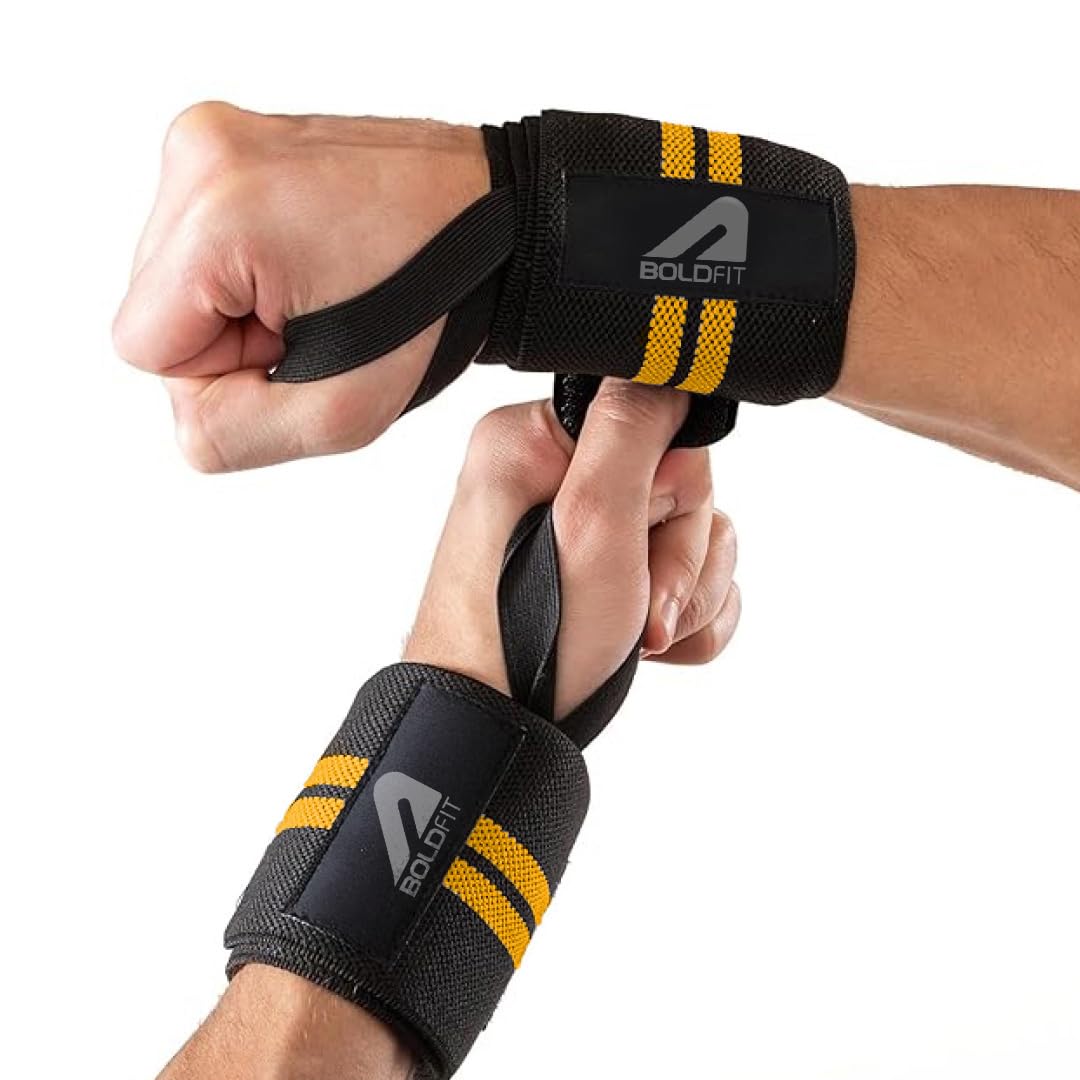 Boldfit Wrist Band Support Yellow Black 2 Stripes
