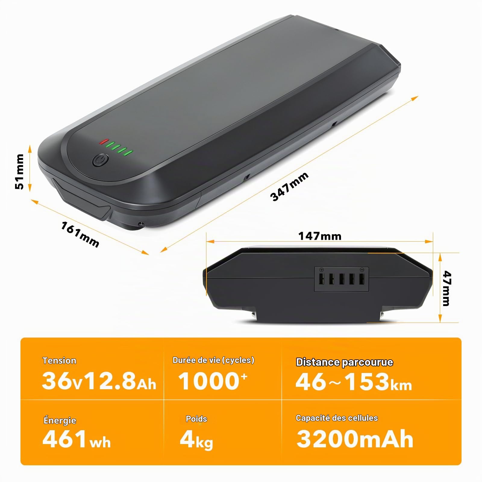 SEASON YJ145 Ebike Batterie Porte-Bagages 36V 12,8Ah /36V 14Ah - sans Chargeur ni Support pour Vélo électrique Telefunken, Zündapp, Chrisson