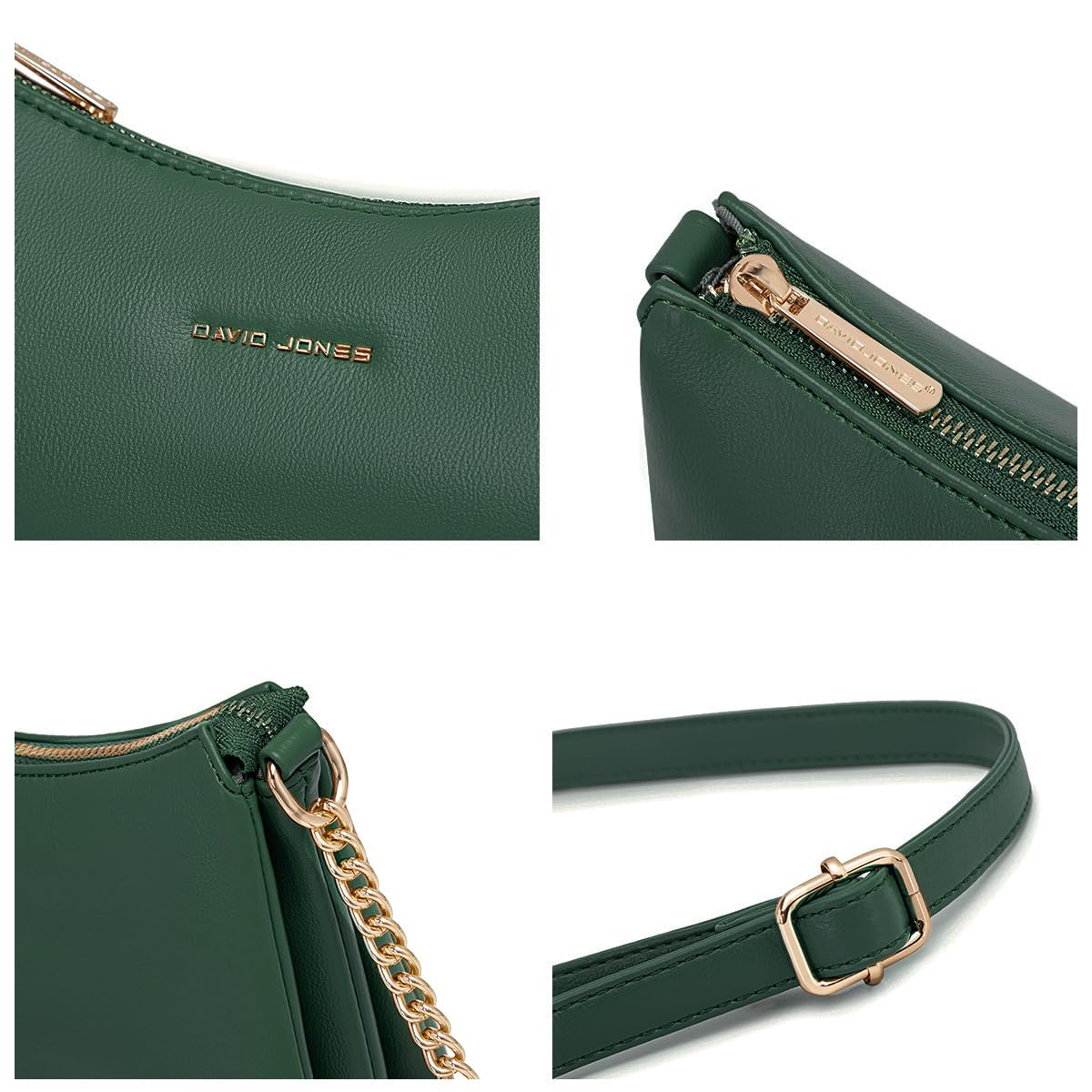 David Jones - Damen Umhängetasche Klein - Kette Handtasche Weich PU Leder - Crossbody Bag Flache 3 Fächern Schultertasche - Abendtasche Clutch Alltag Modisch Elegant Party Reise Arbeit - Grün