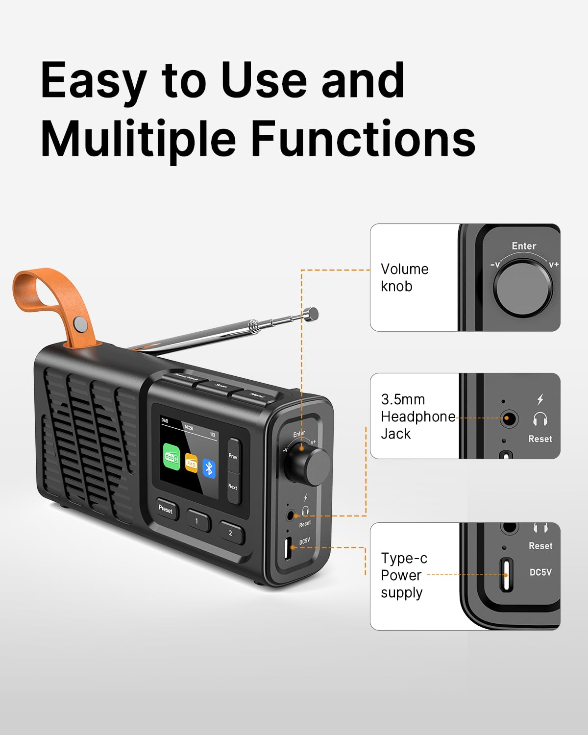 Radio portatile DAB+/FM con Bluetooth, radio da cucina con cavo o batteria da 2200 mAh, radio digitale FM con jack per cuffie, doppia sveglia, 40 preimpostate, display a colori