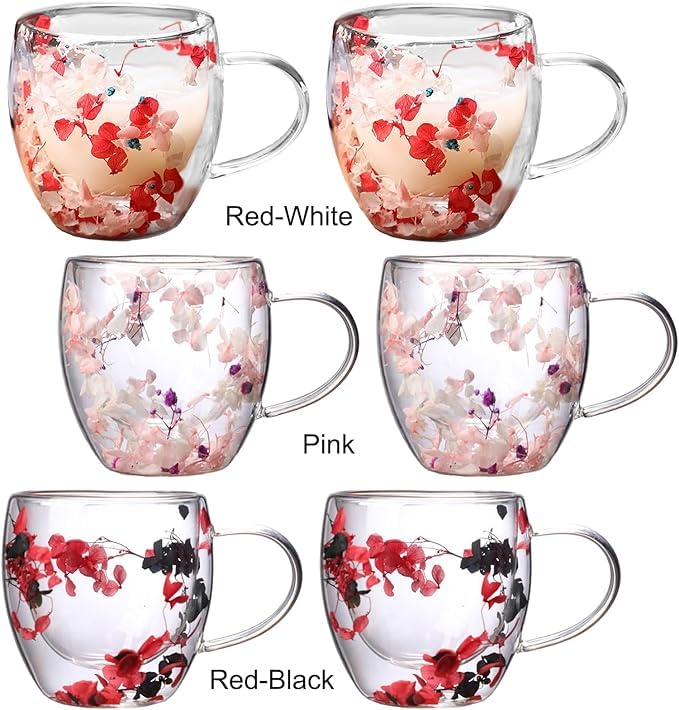 Image of PrimeWorld Double Wall Glass Coffee Mugs with Handle - Set of 2, 250ml Clear Flower Design Tea Cups | Insulated Glass Mugs for Hot & Cold Beverages, Cappuccino, Latte, Espresso, Tea (Red & Pink)