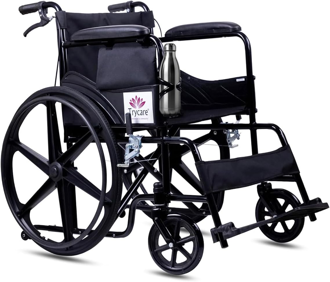 Trycare Premium Lightweight Attendant Wheelchair for Old People, Wheelchair for Elderly & Patients, Foldable, Hand Brakes, Padded Armrests, 150kg Capacity | Portable Manual Wheelchair