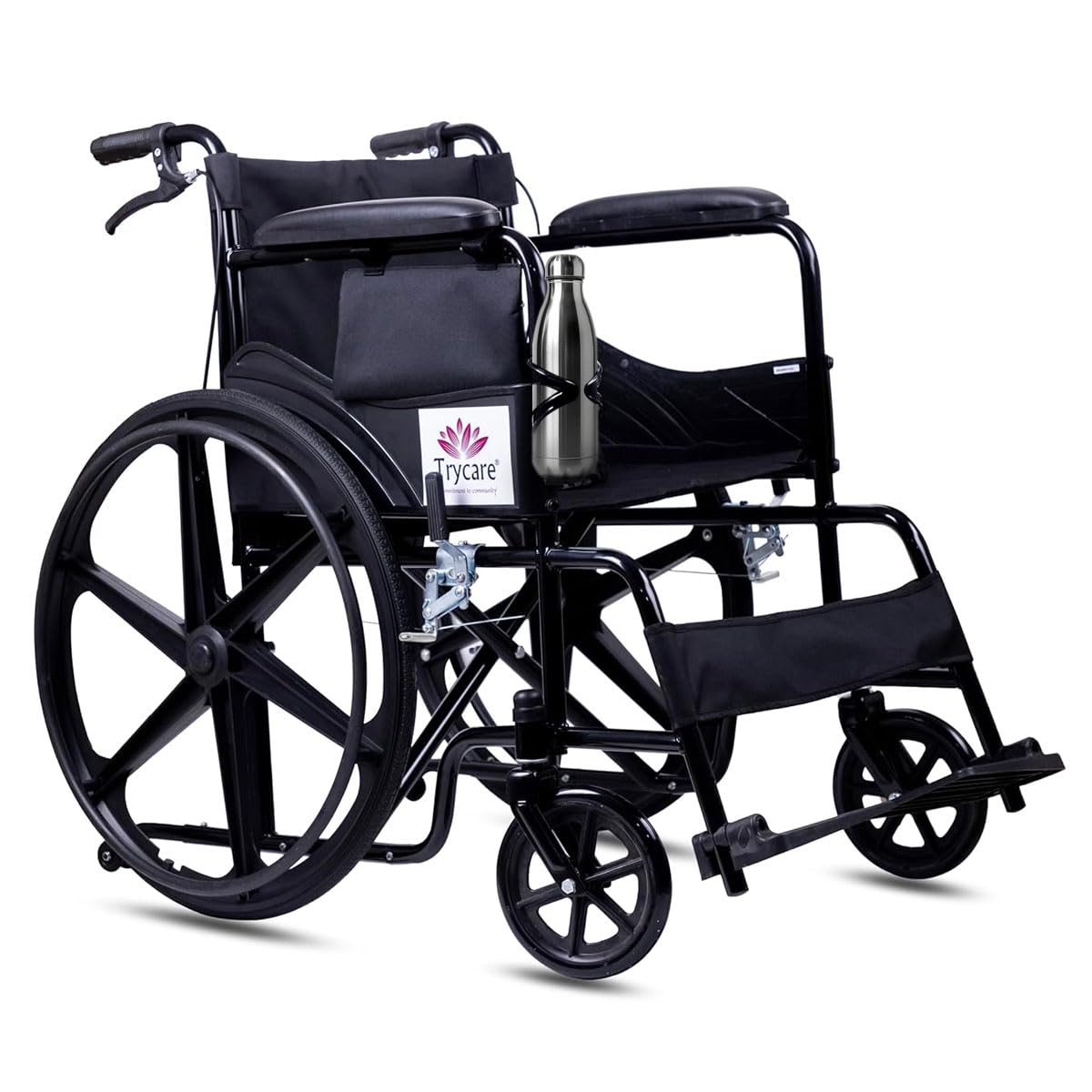Trycare Premium Lightweight Wheelchair for Old People, Wheelchair for Elderly & Patients, Foldable, Hand Brakes, Padded Armrests, 150kg Capacity | Portable Manual Wheelchair with Bottle & Document Holder