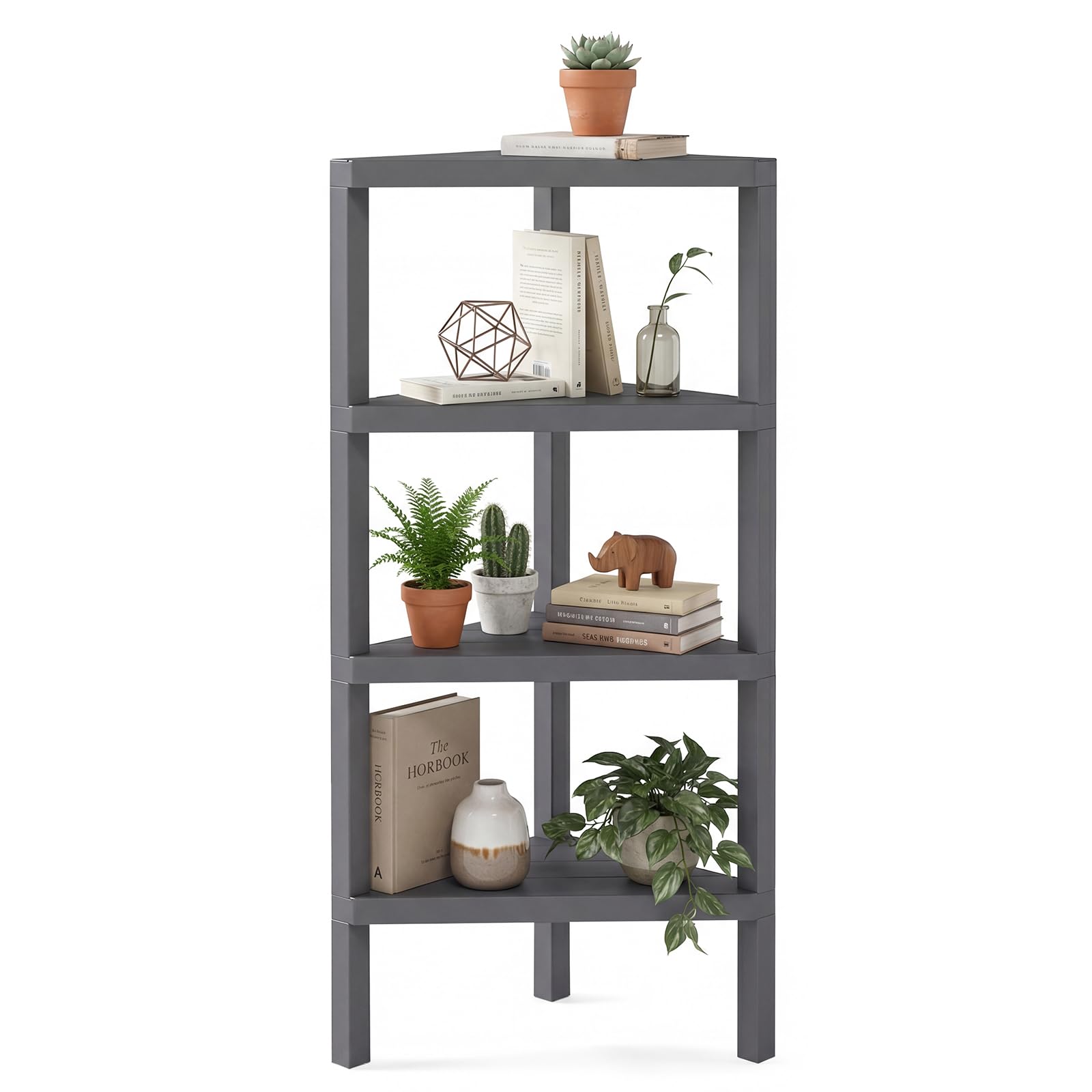 COSTWAY Étagère d'angle, Bibliothèque d'angle à 4 Niveaux avec Étagères Ouvertes à Lattes, Meuble de Rangement Moderne pour Bureau, Salon, Cuisine, Salle de Bain (Gris)