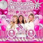 99PCS Hot Pink Birthday decorations Party Supplies, Glitter Happy Birthday Banners, Hanging Swirls, Backdrops, Foil Balloons, Tableware Set, Tiara, Sash, Sunglasses for 18th 21st Women girls - Image 4