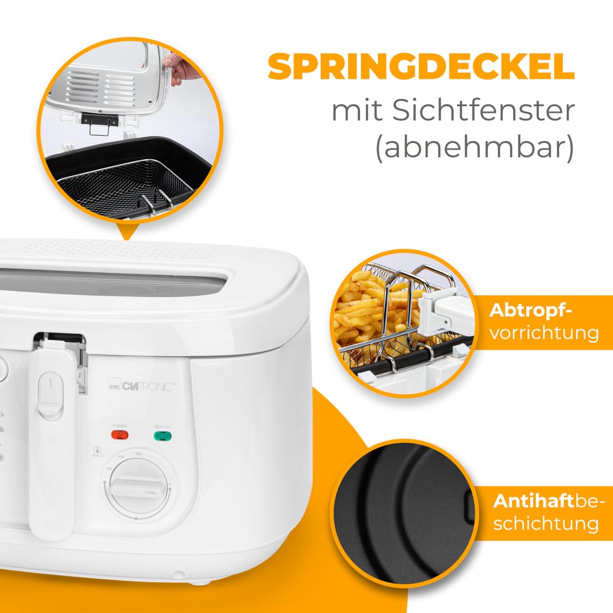 Clatronic® Friteuse avec huile | 2,5 litres huile/graisse | Filtre anti-odeur | avec grand panier à friture | Thermostat réglable en continu | avec réservoir d'huile antiadhésif | FR 3771