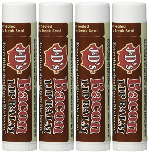 J&D’s Bacon Flavored Lip Balm – Moisturizing lip balm with Savory Bacon Scent & Taste – Fun Gag Gift for Bacon Lovers, Stocking Stuffer, or Novelty Gift Idea Pack of 4