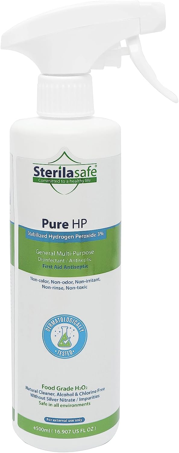 Sterilasafe Pure HP Food Grade, Hydrogen Peroxide 3, H2O2, Natural Cleaner, NO chemical, First Aid Antiseptic Spray 500 ML