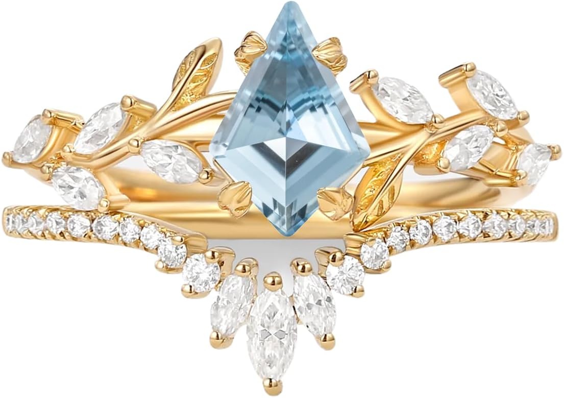 1CT/1.5CT/2CT Aquamarine Wedding Ring Set for Women - Kite Cut Aquamarine Bridal Sets Wedding Rings White Yellow Rose 10K 14K 18K Gold Sterling Silver Gem Art Deco Anniversary Promise Ring Set