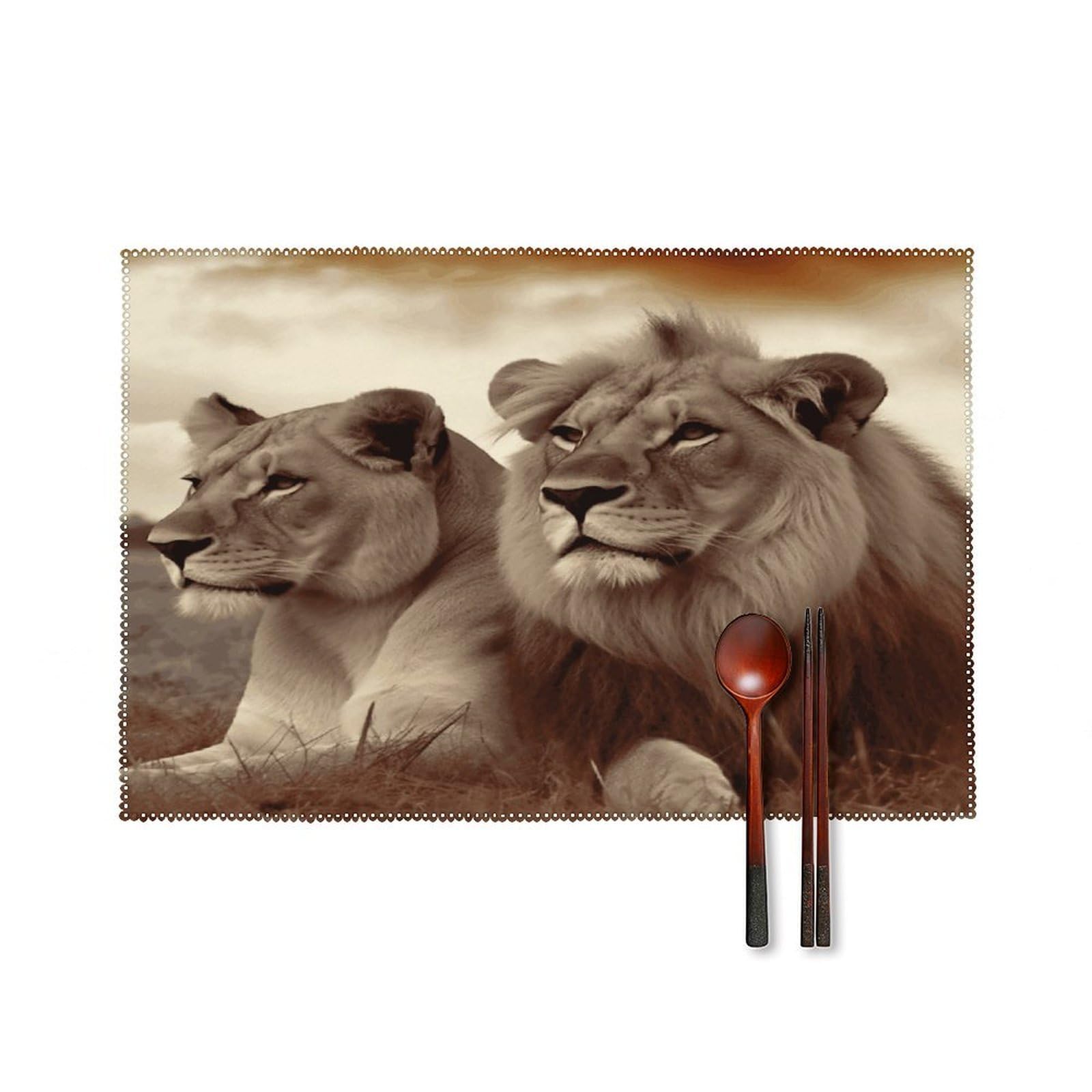 African Lion and Lioness Placemats Set of 4 Canvas Washable Cloth Place Mats Wipeable Heat Resistant Table Mats Elegant Cloth Placemat for Kitchen Dinning Party Table Decor 12" X 18"