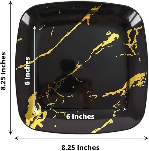 Miniatura 3 de Efavormart - Paquete de 10 platos de ensalada cuadrados de plástico de 8 pulgadas, color mármol negrodorado, platos desechables para fiestas