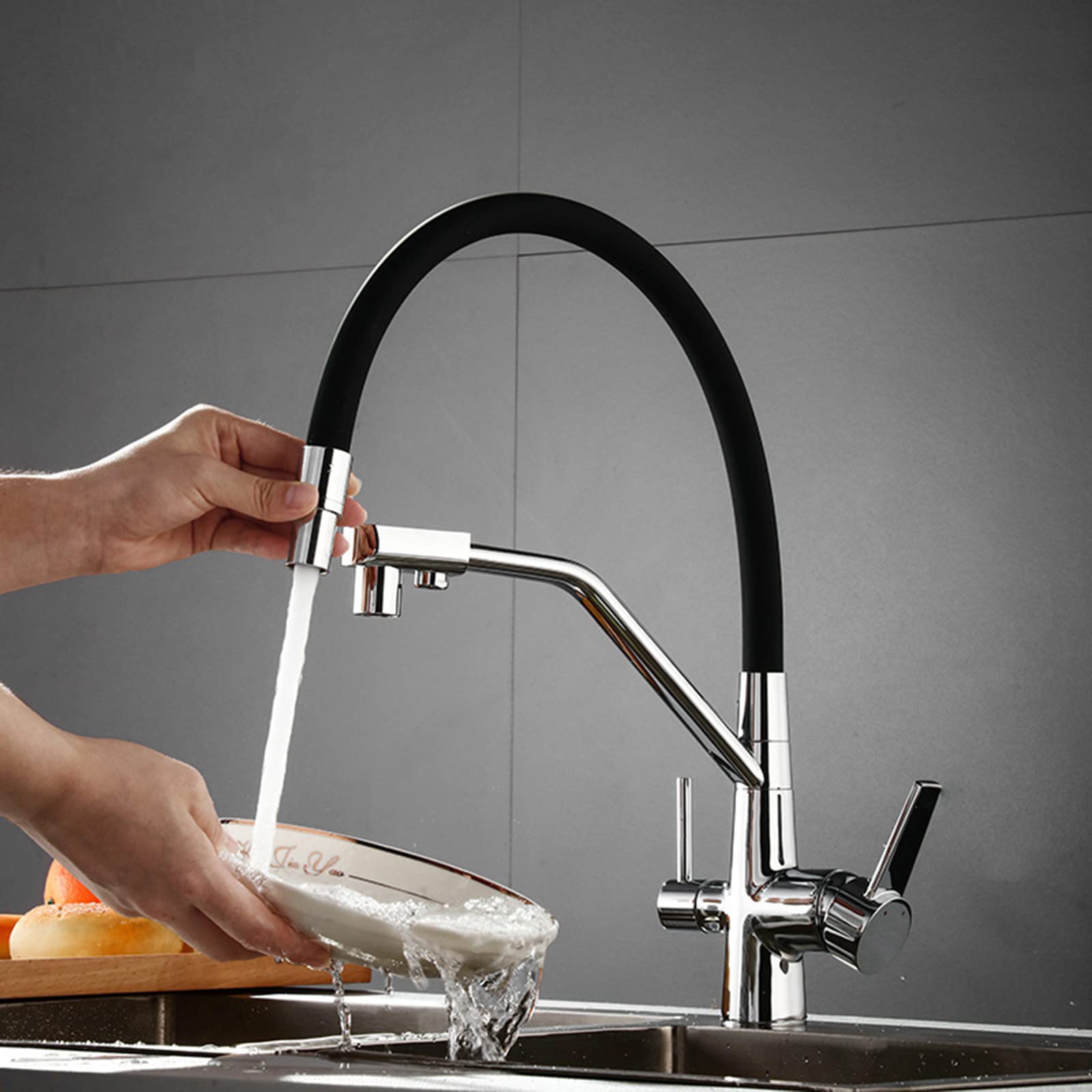 Grifos de Cocina con Salida de Agua Potable filtrada, Grifo de Cocina abatible Giratorio de 360°, Mezclador de Cocina de latón Macizo de Agua fría y Caliente