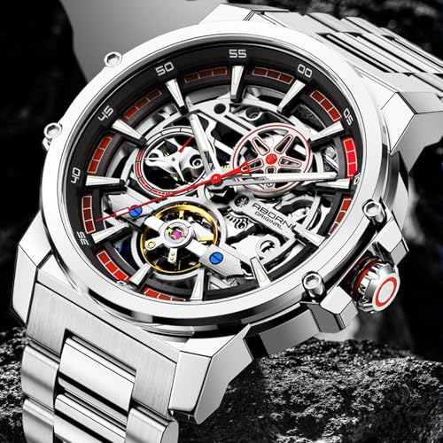Image of FORSINING Men's Luxury Automatic Skeleton Mechanical Watch, Industrial Style Self-Winding Hollow Watches with Tourbillon & Luminous Function, Stainless Steel Strap Mens Wristwatch