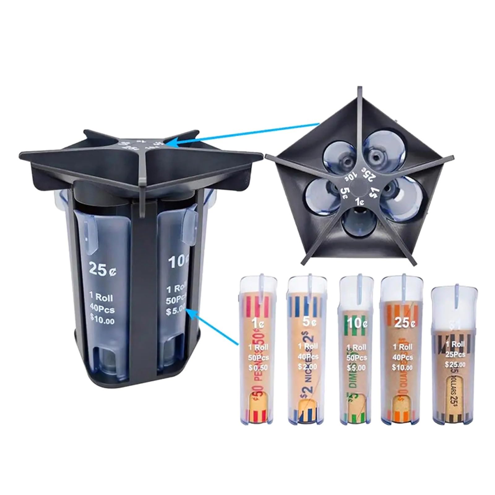 5-in-1 Coin Bank Organizer with Sorter Tubes & Wrappers, Efficient Coin Counter