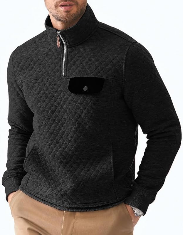 Men's Quarter Zip Pullover Quilted Sweatshirt Casual Mock Neck Geometric Texture Polo Sweater with Pocket - Image 5
