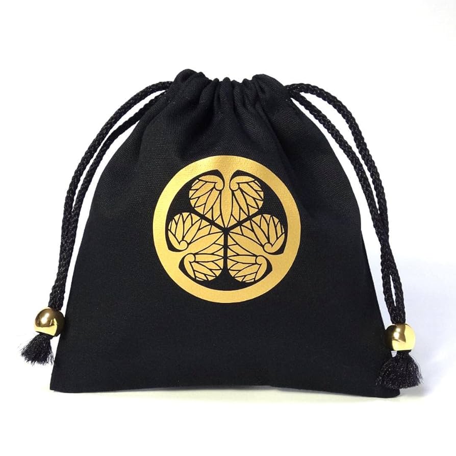 Amazon.co.jp: 徳川家康 黒金 家紋入り巾着袋 ミニサイズ 三つ葉