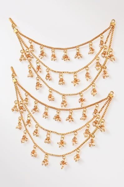 Gold Plated Traditional Pearl Layered Hair Chain/Earchain Accessories with Hook for Women Girls