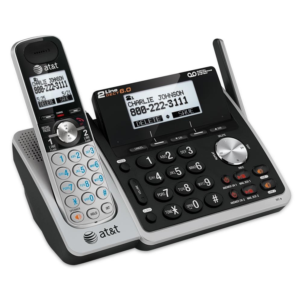 AT&T TL88102 DECT 6.0 2-Line Expandable Cordless Phone with Answering System and Dual Caller ID/Call Waiting, 1 Handset, Silver/Black