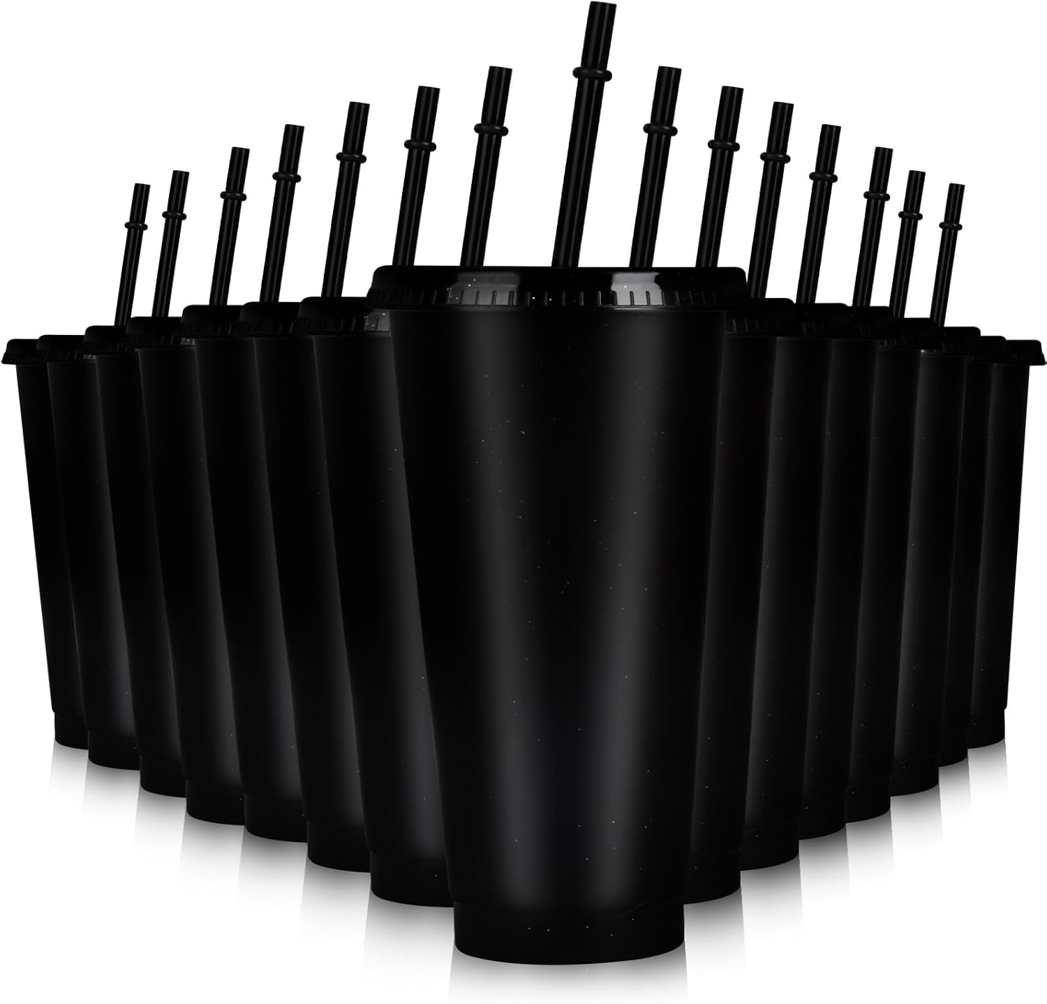 Hxezoc 16-Piece Reusable Cups with Lids and Straws, 24 oz Glitter Plastic Tumbler Iced Coffee Cups Travel Mug Cup for Smoothie Juices Beach or Bachelor Party (Black)