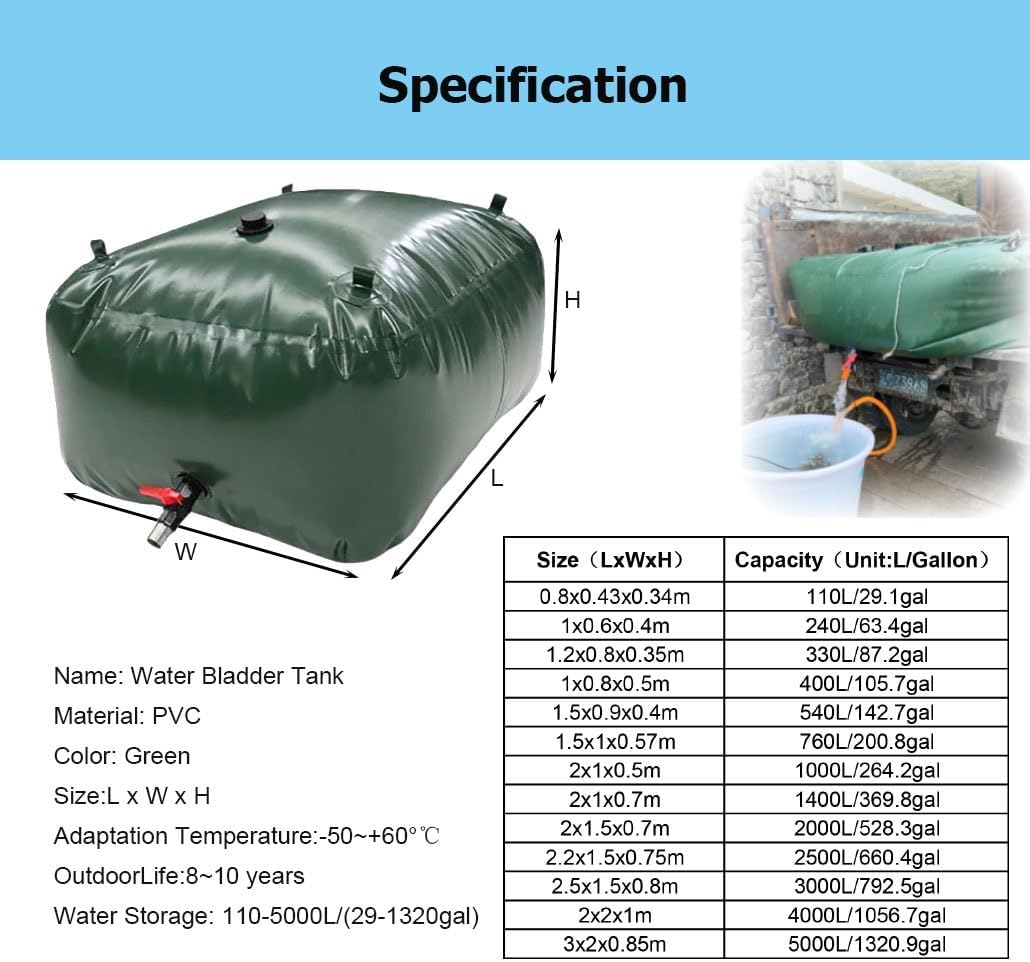 29-1320 Gal Water Bladder Storage Containers, Foldable Portable Water Tank Large Capacity Soft Water Bag for Drought Resistance(Green,1.5x0.9x0.4m/540L/142.7gal)