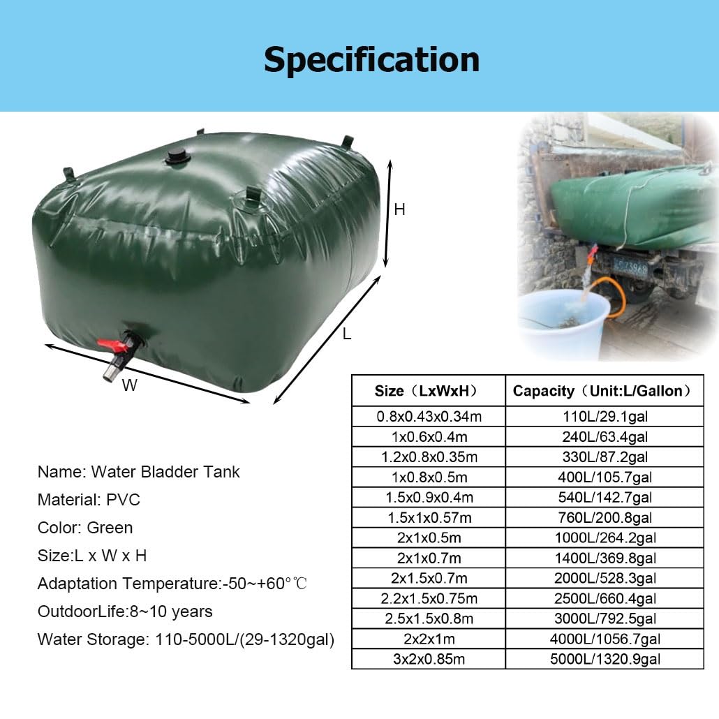 Contenitori for lo stoccaggio dell'acqua da 29-1320 galloni, serbatoio d'acqua portatile pieghevole, grande capacità, sacca for acqua morbida resistente alla siccità
