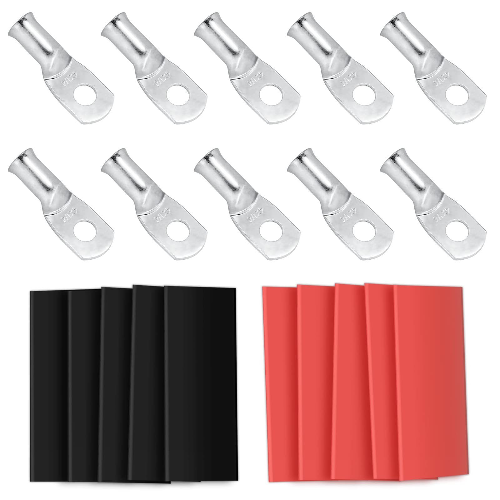10pcs Sanuke 4 AWG - 1/4" Tinned Copper Wire Lugs Ring Terminals, Marine Grade Battery Cable Ends with 3:1 Dual Wall Adhesive Heat Shrink Tubing