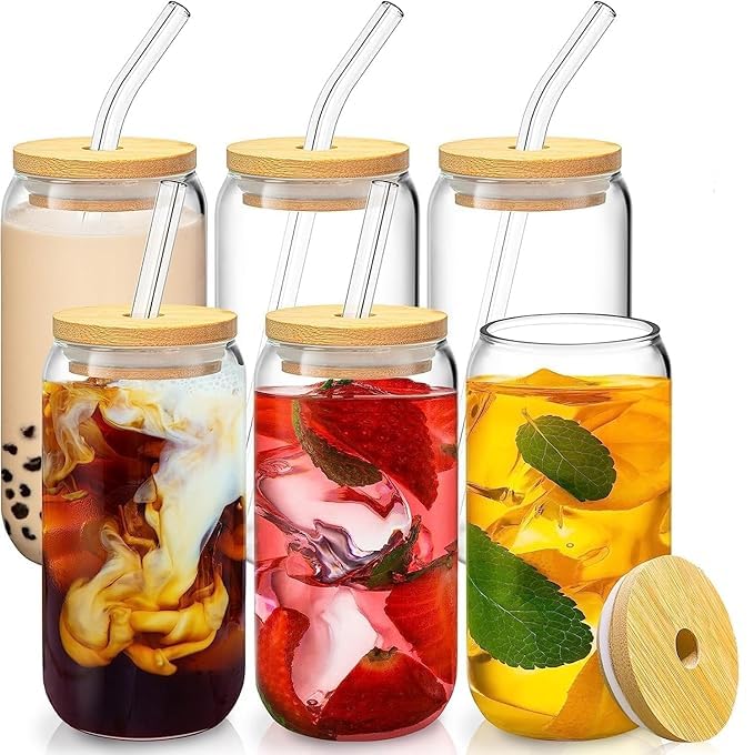 Dakshayanii Drinking Glasses with Bamboo Lids and Glass Straw, Can Shaped Glass Cups Juice Glasses Ice Coffee Glasses Cute Tumbler Cup - 500ml, (Set of 6)
