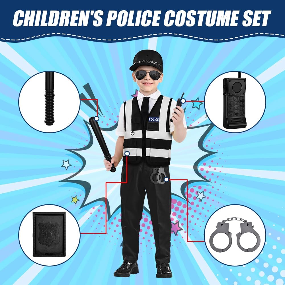 Aomig Kostium policji chłopca, kostium policji dziecięcej, kostium policji dla dzieci, zestaw do odgrywania ról policyjnych na karnawał, Halloween