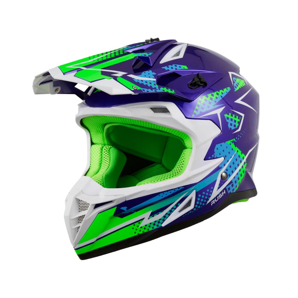 KSK Casque Cross Rush Bleu et Vert - Homologué ECE R 22.06 - S (55-56cm) - Coque ABS