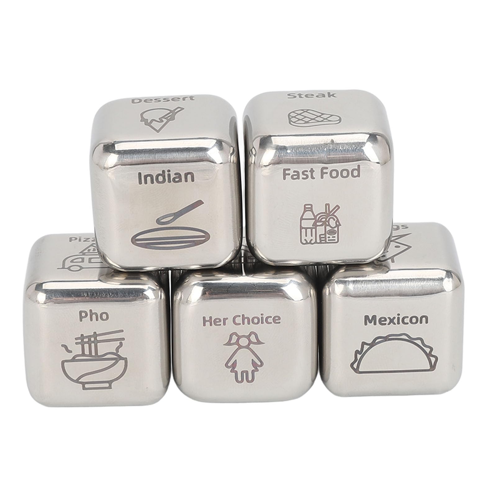 Sorandy 5pcs Dinner Dice, Stainless Steel Food Cube Game, Portable Food Decision Dice, Food Decider Date Night Gifts, Christmas Valentines Birthday Gifts for Husband Wife