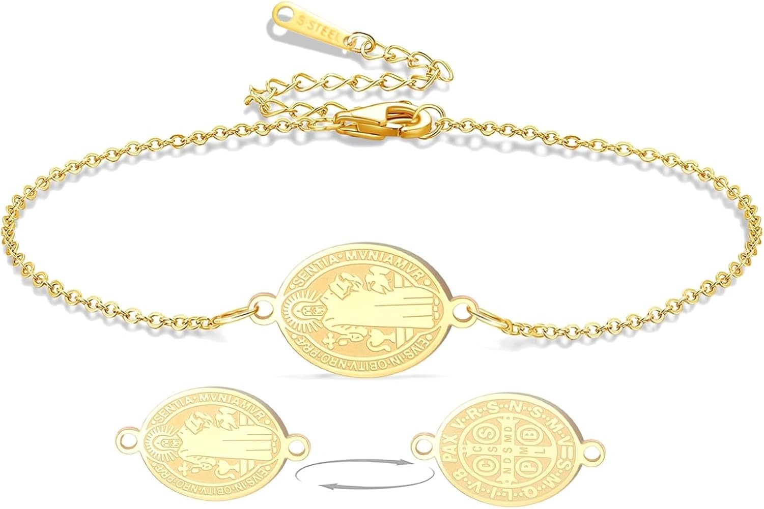 Wuufake Saint Benedict Medal Bracelet Adjustable String Catholic Rosary Exorcism Protection Christian Religious Jewelry Gifts for Women Men, Gold1