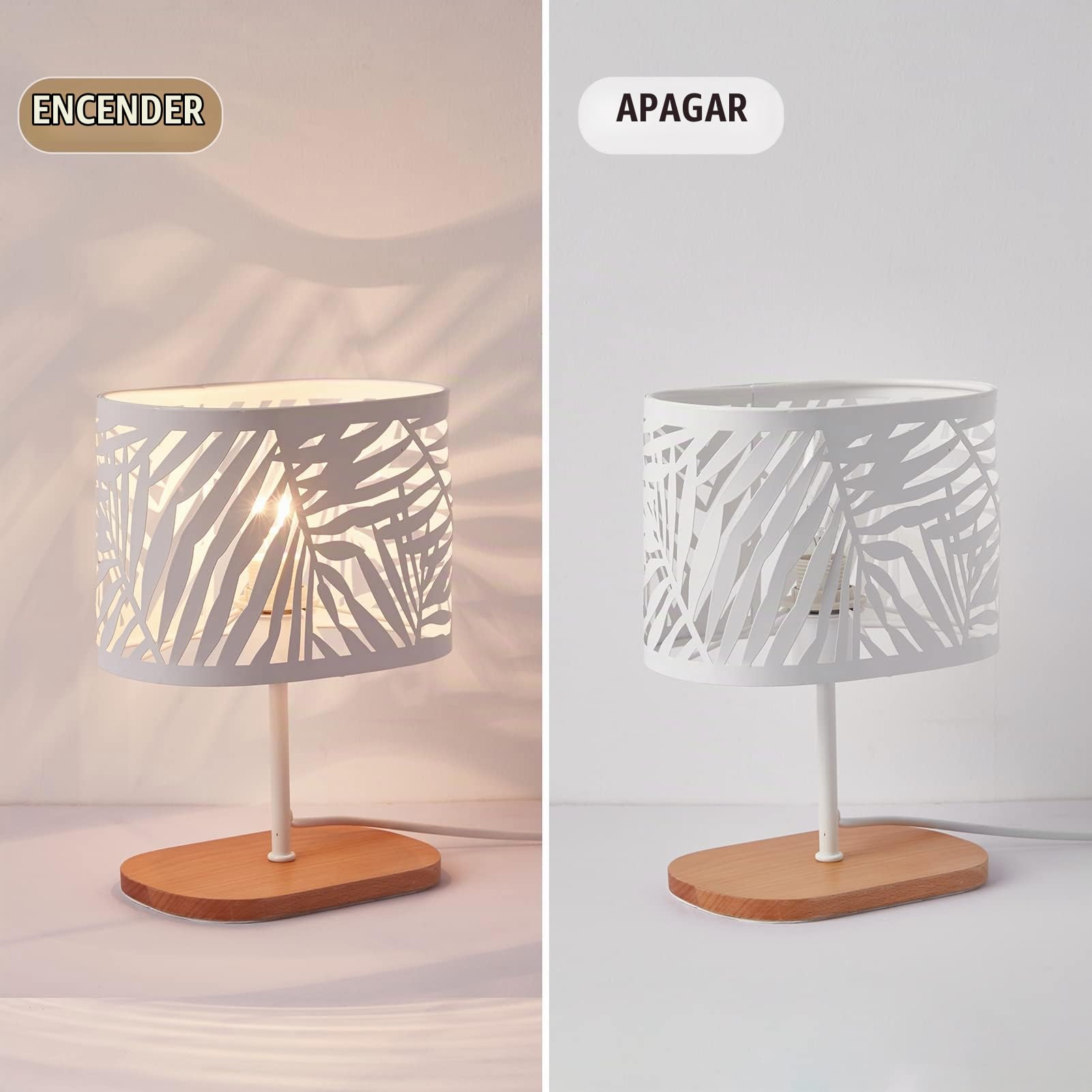 Lámpara de noche pequeña, lámpara de escritorio E14 con base de madera y pantalla de metal para dormitorio, habitación infantil, bar, blanco (sin bombillas)