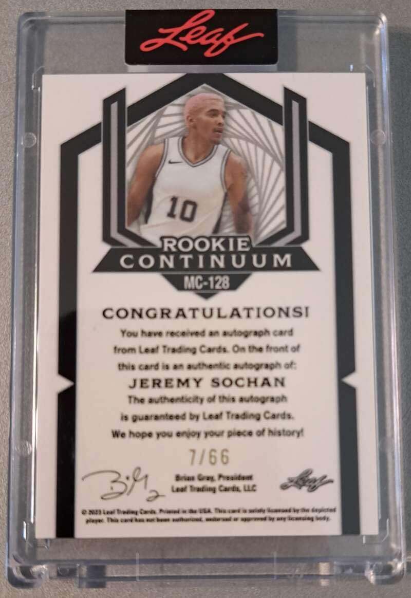 JEREMY SOCHAN RC AUTO 2023 Leaf ROOKIE Continuum 44/66 Autograph #128 Spurs MT-MT+ NBA Basketball