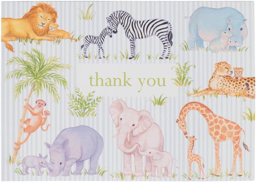 Caspari Safari Baby Thank You Notes with Envelopes, Baby Shower Thank You Card Set, 8 Cards, 4 x 6 Inches, Printed in USA