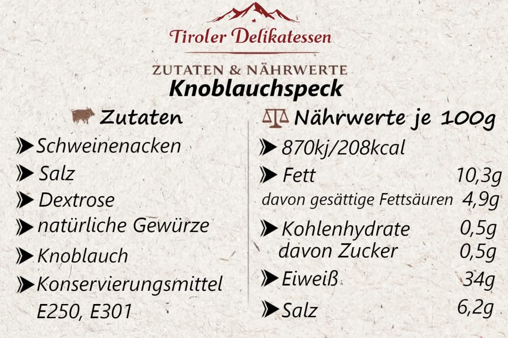 Almgourmet - Knoblauchspeck - 2 Stück je 400g - kräftiger Speck aus dem Nacken - in Knoblauchlake gepökelt