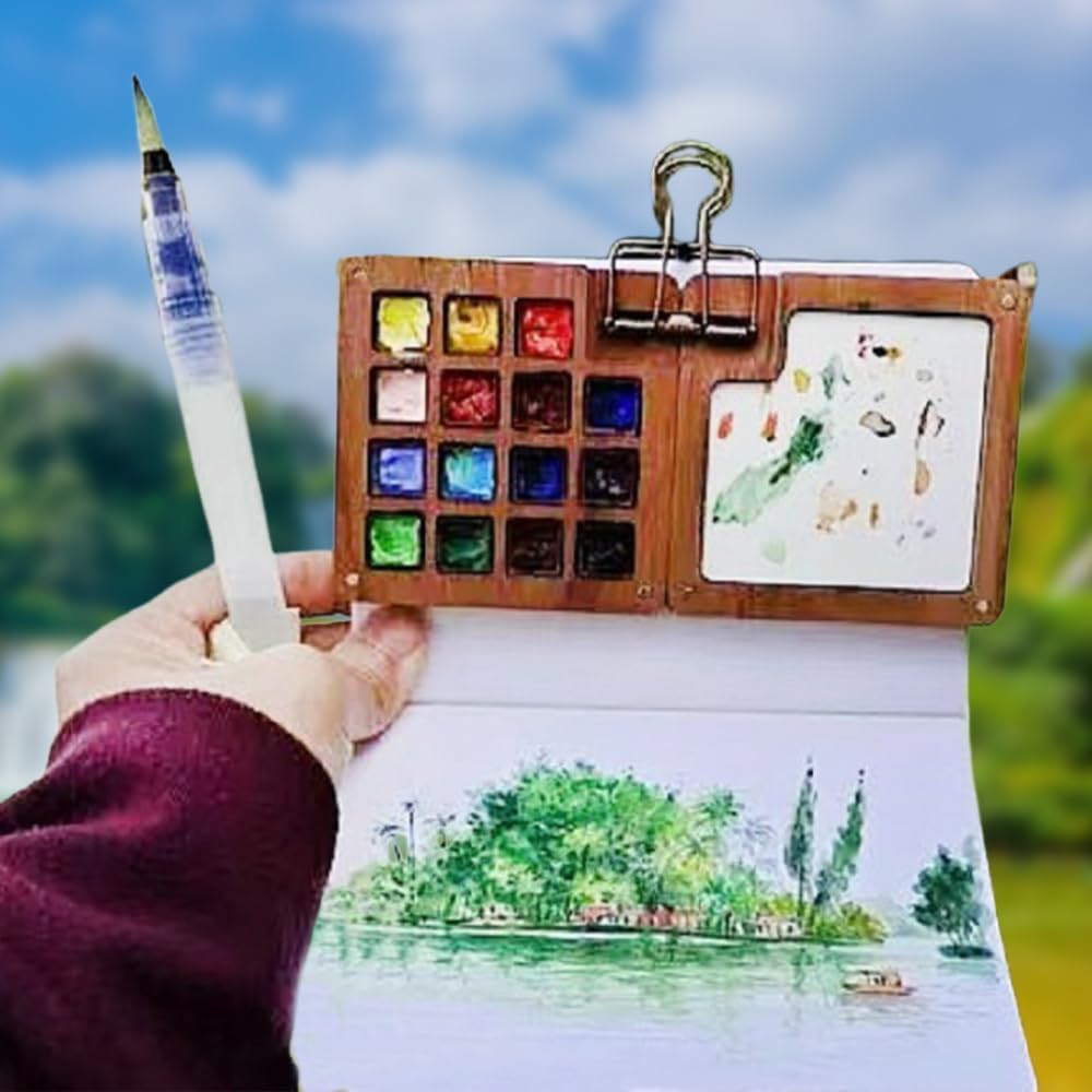 Mini Watercolor Travel Set, Portable Wooden Paint Box with Watercolor Paper & Brush, Pocket-Sized Artist Kit for Outdoor Painting, Artists, Students, Beginners (Wooden 15-grid)