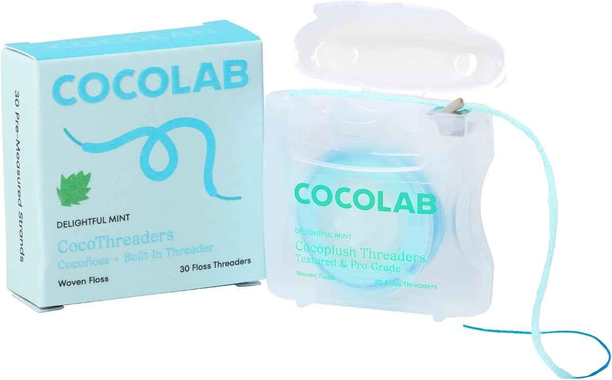 CocoPlush Floss Threaders by COCOLAB, Mint Scent, 30ct, 1-Pack | Dentist-designed, expanding woven floss with built-in threader for braces, implants & bridges, coconut oil infused