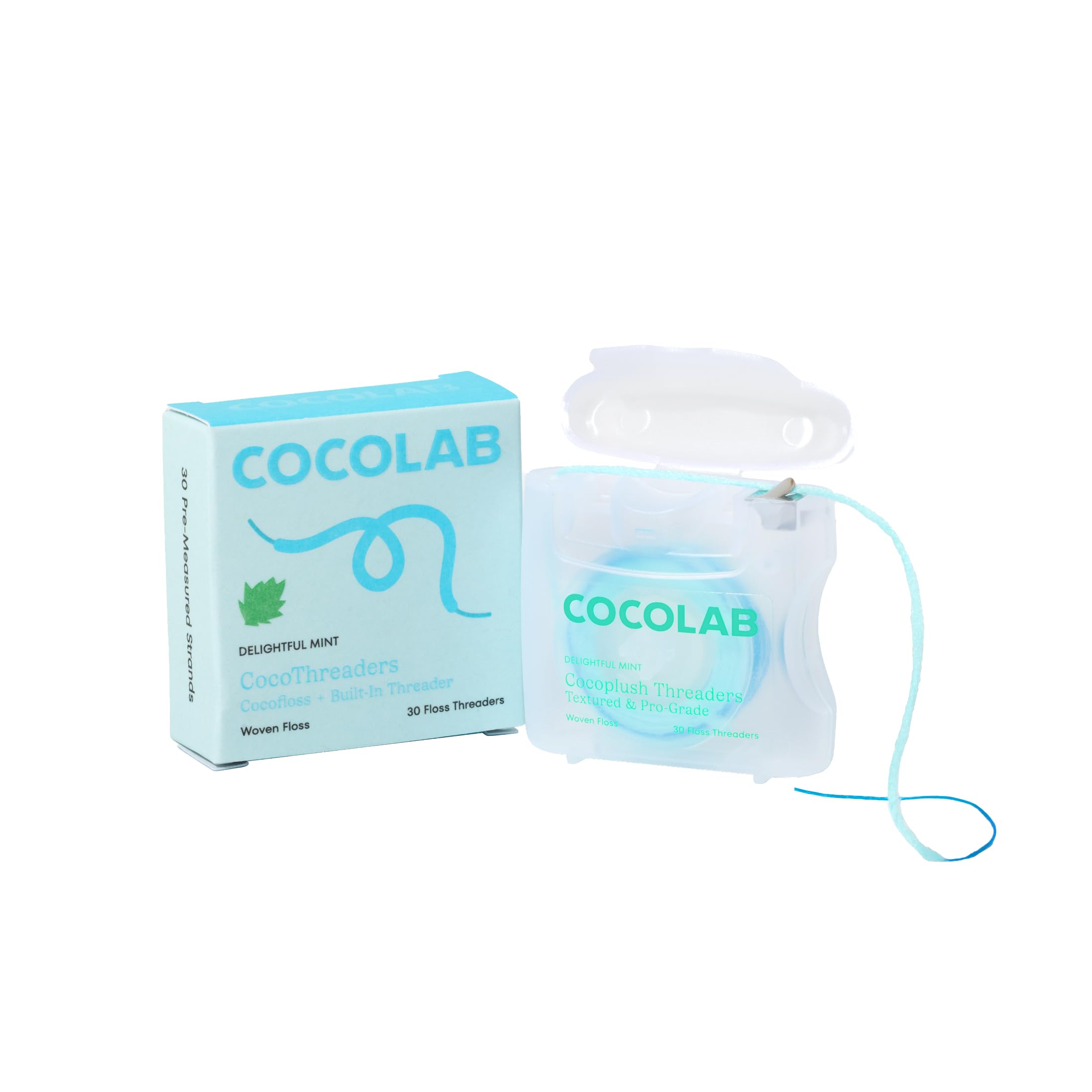 Cocofloss CocoPlush Threaders, Dental Floss for Implants, Bridges, and Braces, Mint, Waxed, Dentist-Designed Oral Care with Coconut Oil, 30 Per Pack