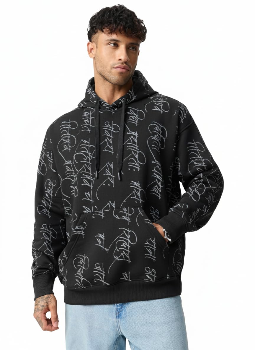 the souled store Origin Story Men and Boys Full Sleeves Hooded Neck Black All Over Printed Cotton Blend Fleece Drop Shoulder Streetwear Trendy Pullover Oversized Hoodie-picture-48