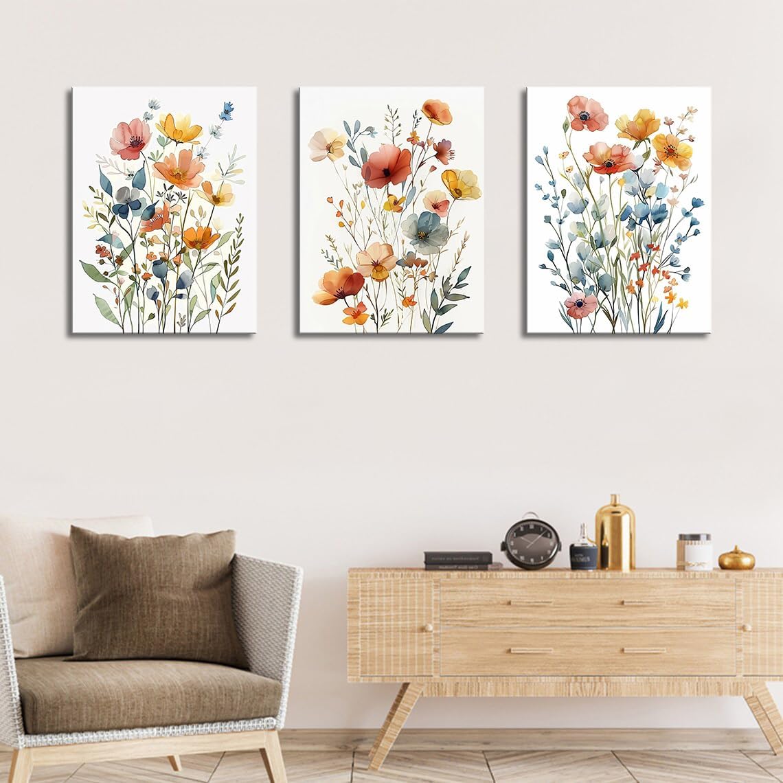 Watercolor Flower Wall Art for Living Room Flower Pictures Wall Decor Orange Floral Canvas Art Colorful Wildflower Poster Prints for Bedroom Bathroom Home Decor 12"x16"x3pcs image 4