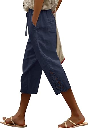 ONLYSHE Womens Pure Color Palazzo Capri Pants Summer Wide Leg High Elastic Waist Boho Pants Trousers with Pockets Blue M