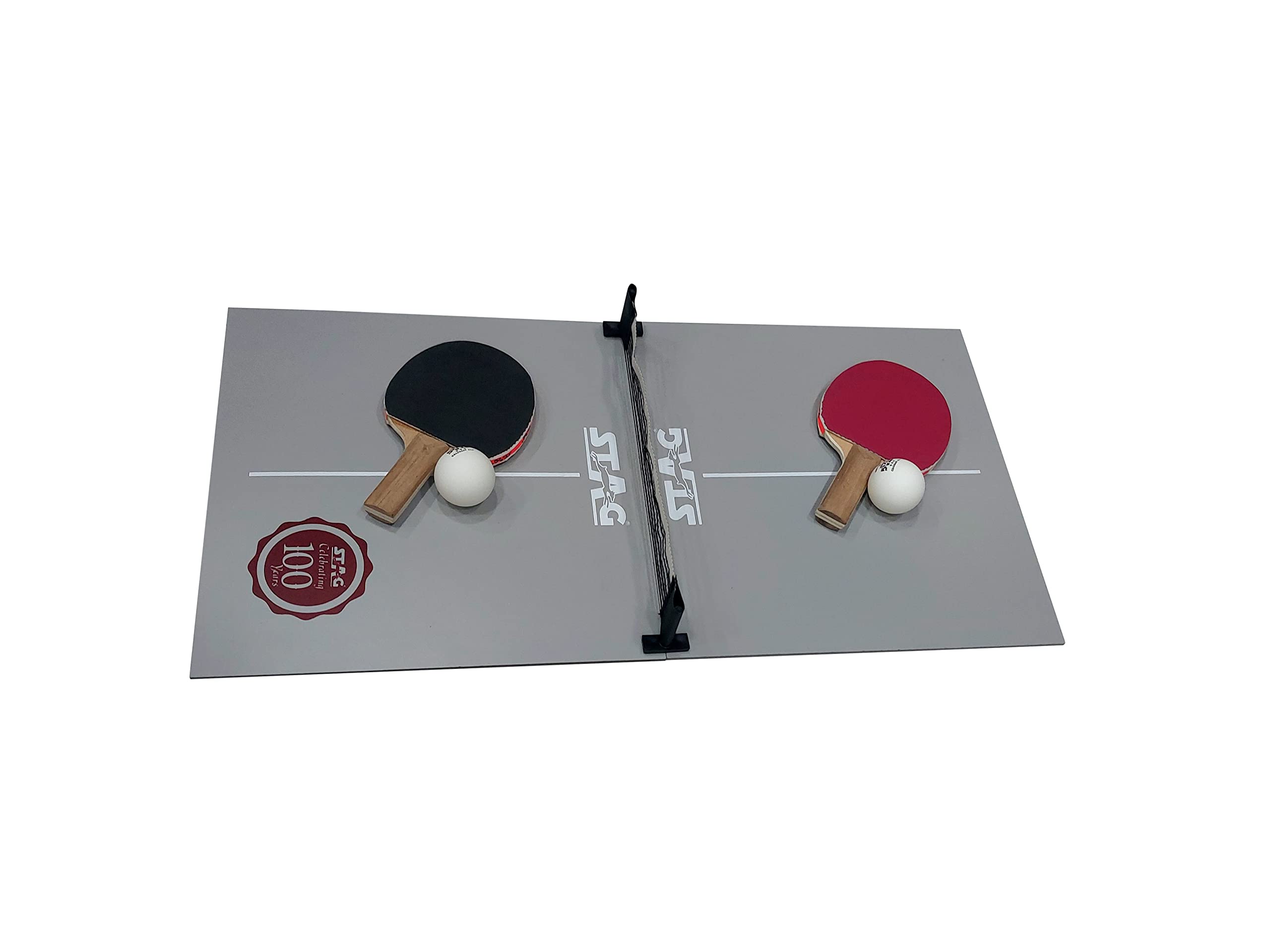 Stag Iconic 100 Year Limited Edition Super Mini Table Tennis Table| Indoor Ping Pong Super Mini Table for Kids Fun Play| Included - TT Rackets and Balls| Briefcase Size Foldable Design-Grey
